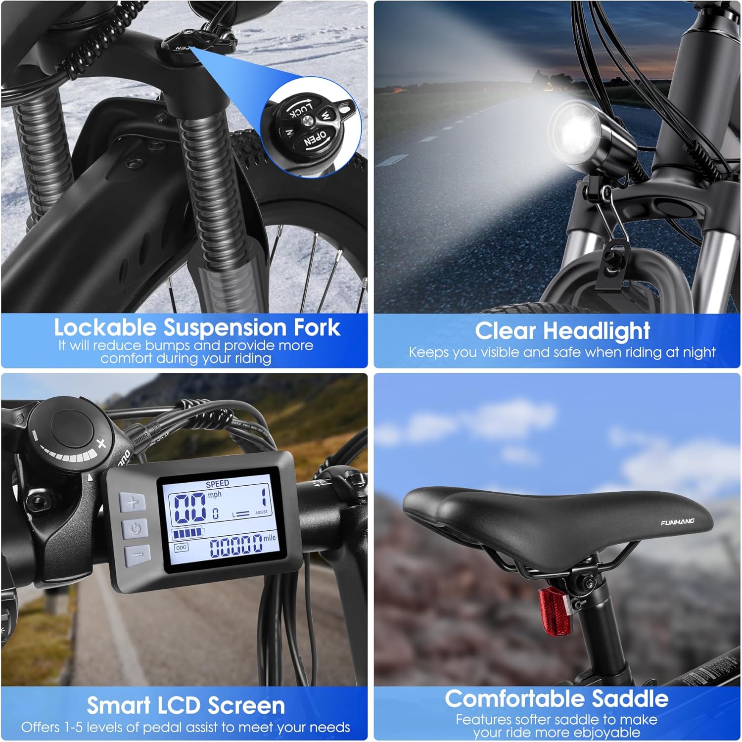 Funhang Electric Bike for Adults, 26'' 1000W Peak Ebike view 7